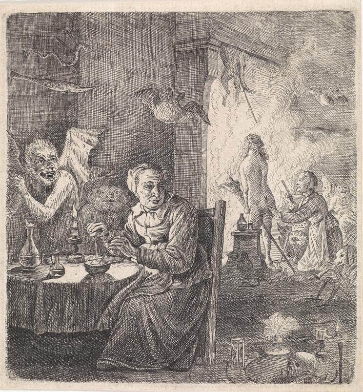 Etching after David Teniers II, 17th century, Rijksmuseum Amsterdam. Interior with a witch on the left preparing a fly ointment at the table. To the right, we see two more witches: an old woman with a book and a naked woman with a broomstick.