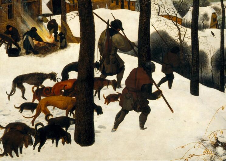 Detail from: Pieter Bruegel the Elder, Hunters in the Snow, 1565, Kunsthistorisches Museum Vienna. Hunters return empty-handed from an expedition. In the background, villagers burn their household goods to keep warm.